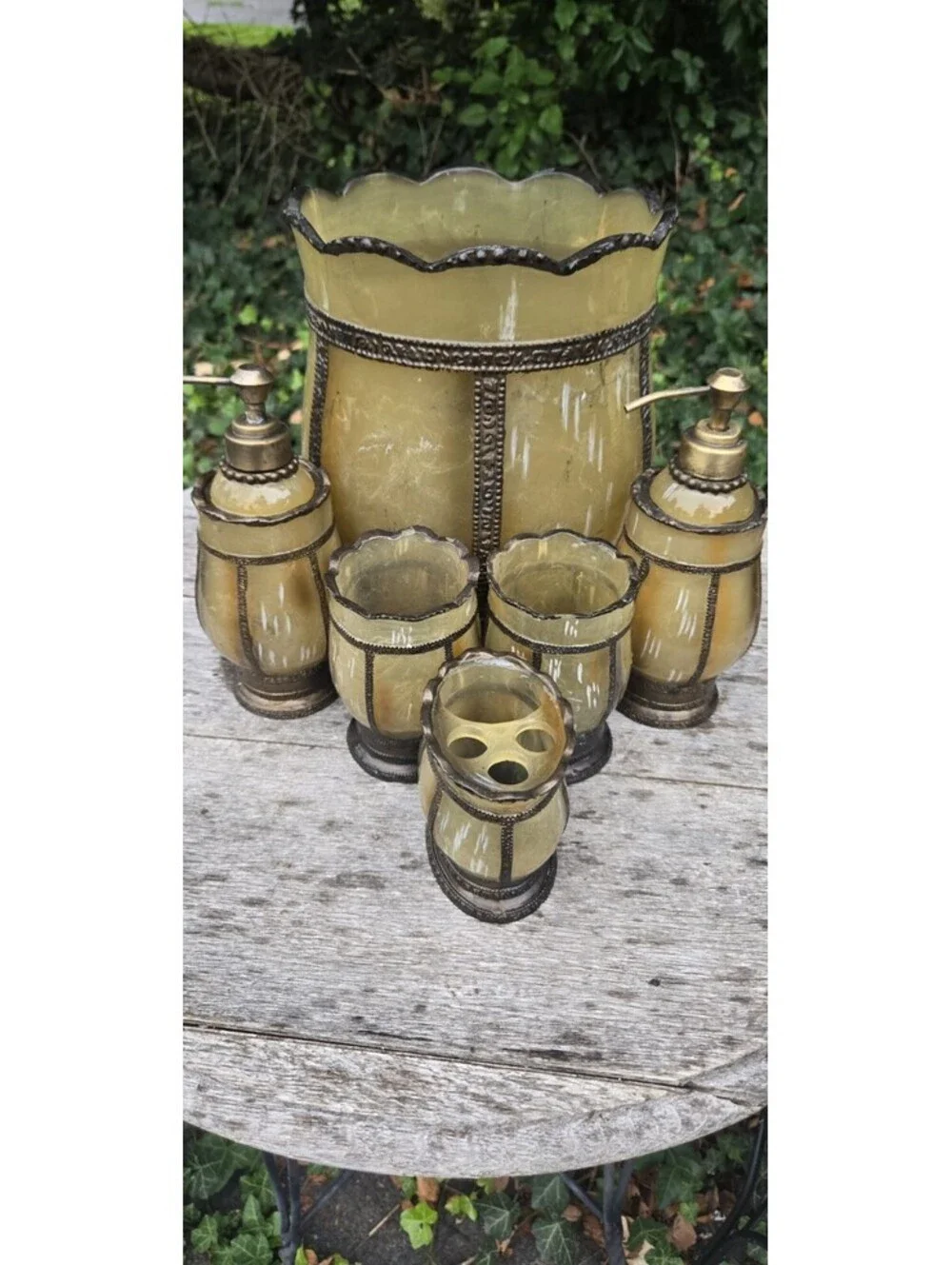 Greenish GOLD 6 Piece Bathroom Set Glass? Or Acrylic Metal Trim. Read